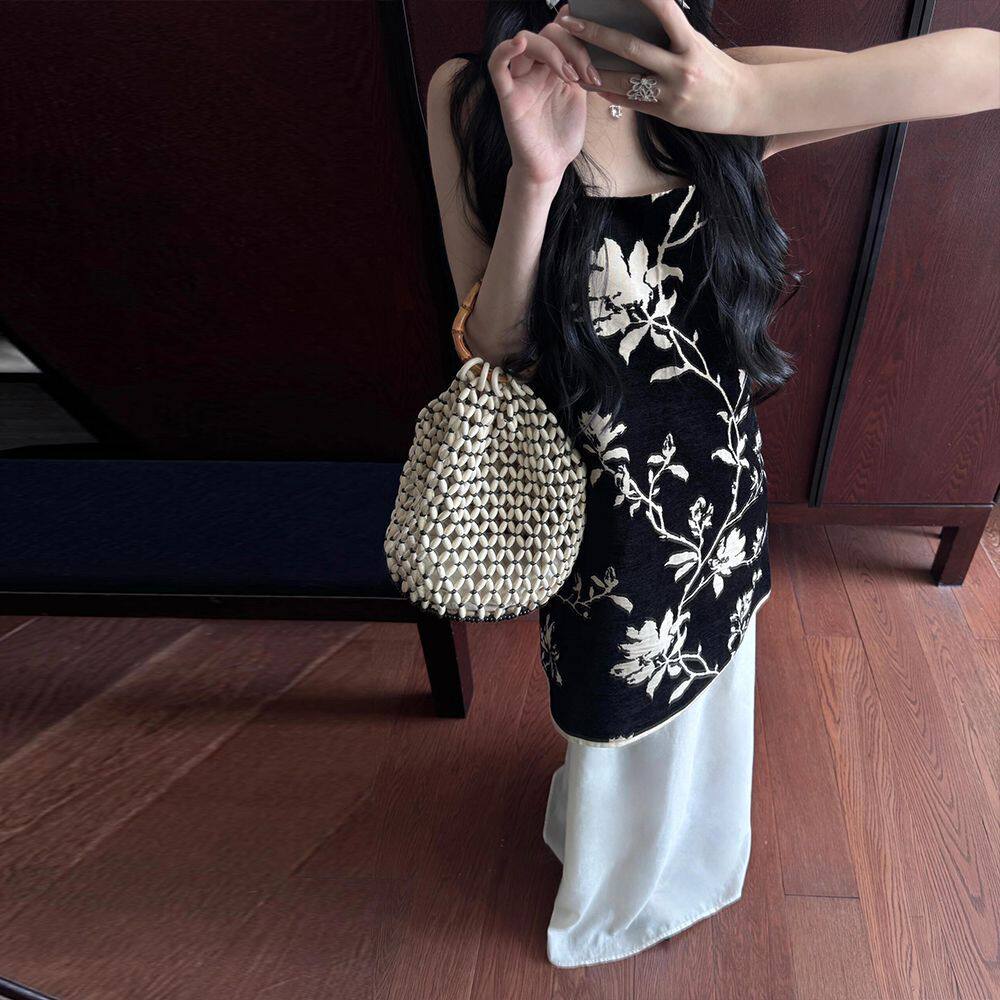 春夏新中式高级感套装纯欲风黑色印花吊带上衣缎面半身裙两件套