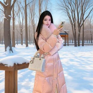 2025仙女甜美千金冬季粉色长款连帽棉服毛领气质收腰外套