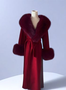 留洋富家千金红色大衣2025冬季新款仿皮草毛领长款外套女