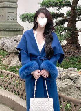 高端毛袖双面毛呢大衣女长款大翻领富家千金气质蓝色外套