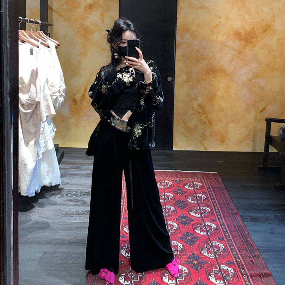 新中式国风黑色丝绒外套裤子时尚套装女春新款金丝印花