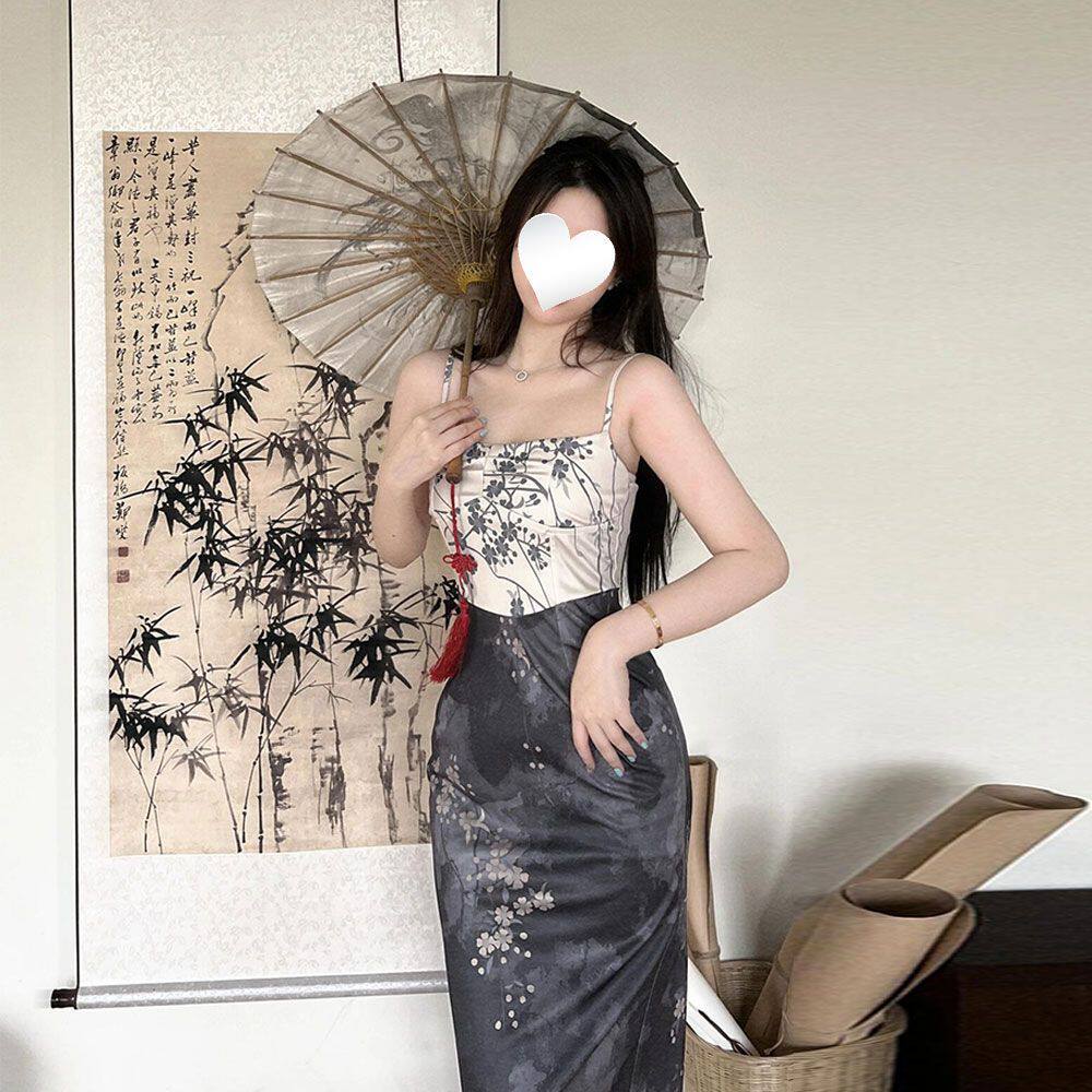 中式性感修身吊带高级连衣裙2025夏季轻熟印花复古长裙