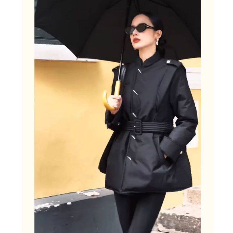 秋冬高端精致气质收腰轻熟御姐风中长款小香风黑色羽绒棉服外套女