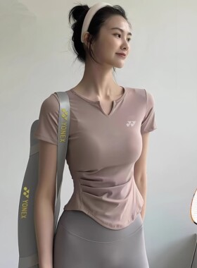 新款Y0NEX羽毛球服女短袖V领紧身速干网球透气跑步T恤瑜伽运动
