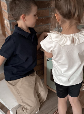 Let's Chill女童夏季荷叶领上衣纯色可爱娃娃领森女百搭休闲短袖