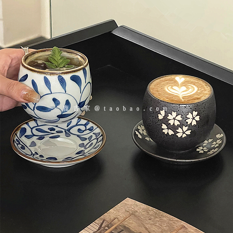 日式复古手绘圆嘟嘟咖啡杯碟
