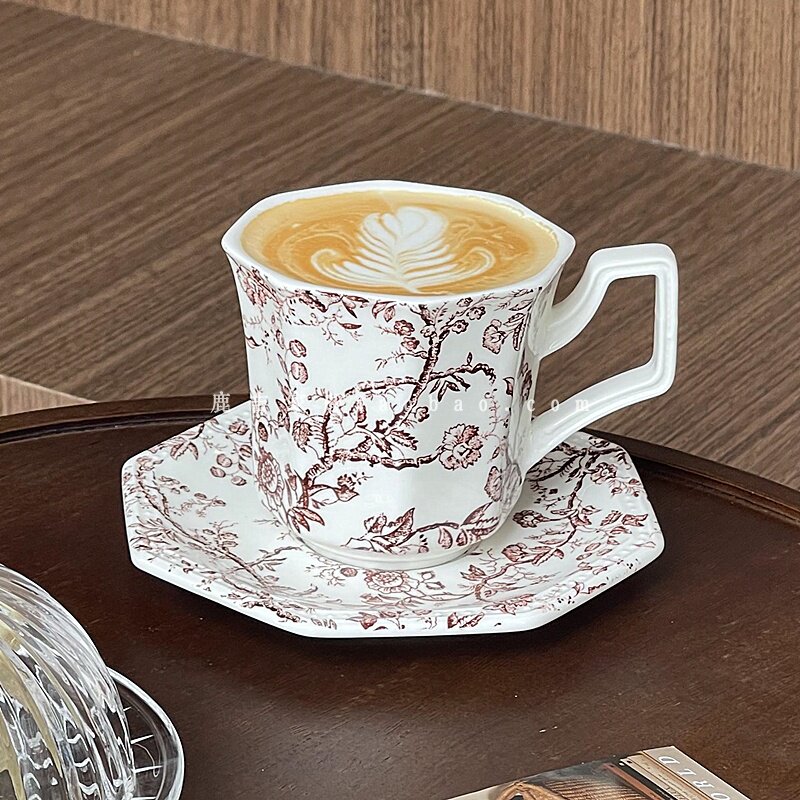 法式中古棕色藤曼花八角咖啡杯碟