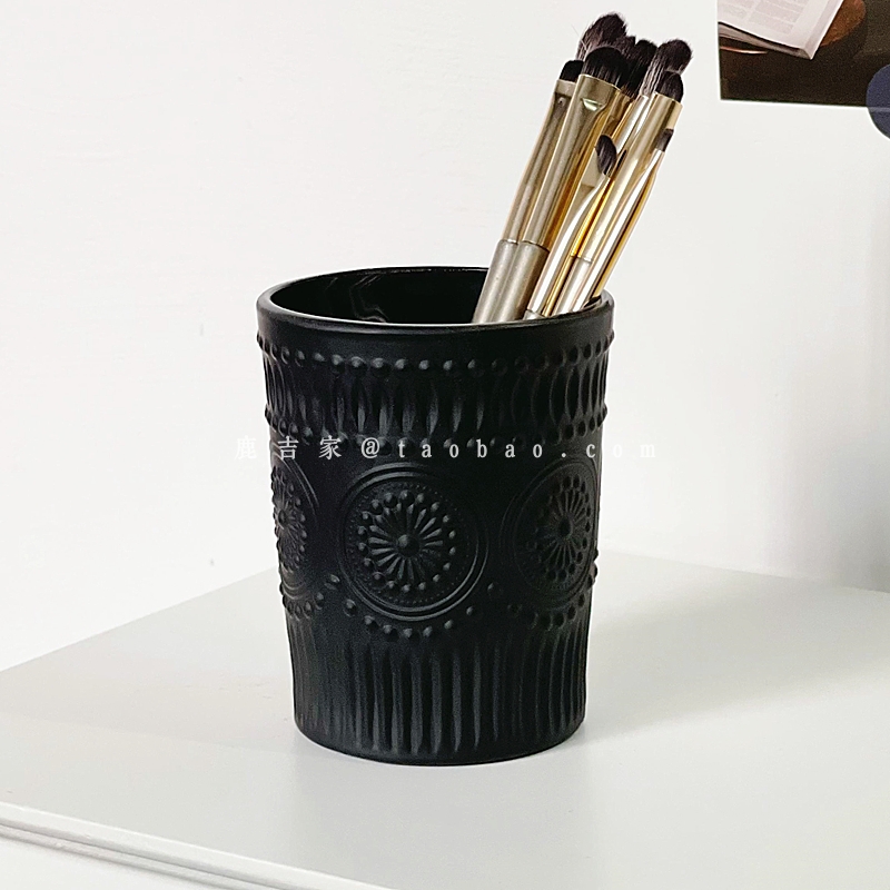 简约ins风曜黑浮雕太阳花陶瓷杯