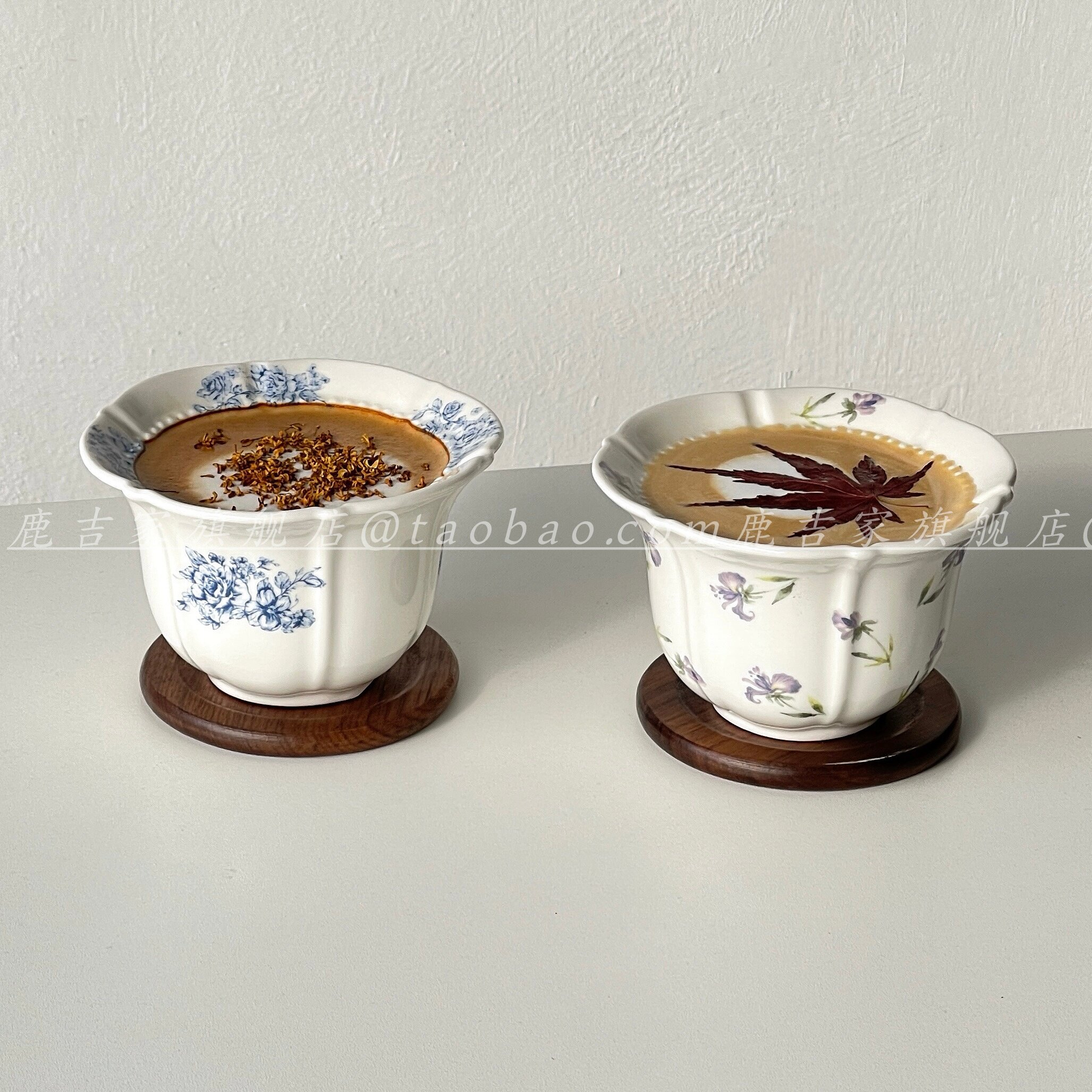 花珠无把花边陶瓷手握杯