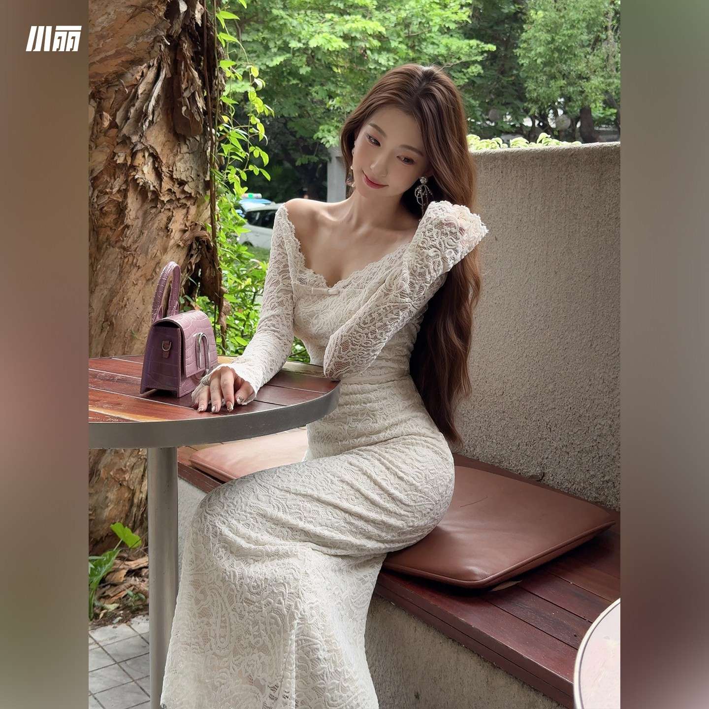 气质名媛风一字肩V领纯色打底长裙女秋冬季修身显瘦蕾丝连衣裙ins