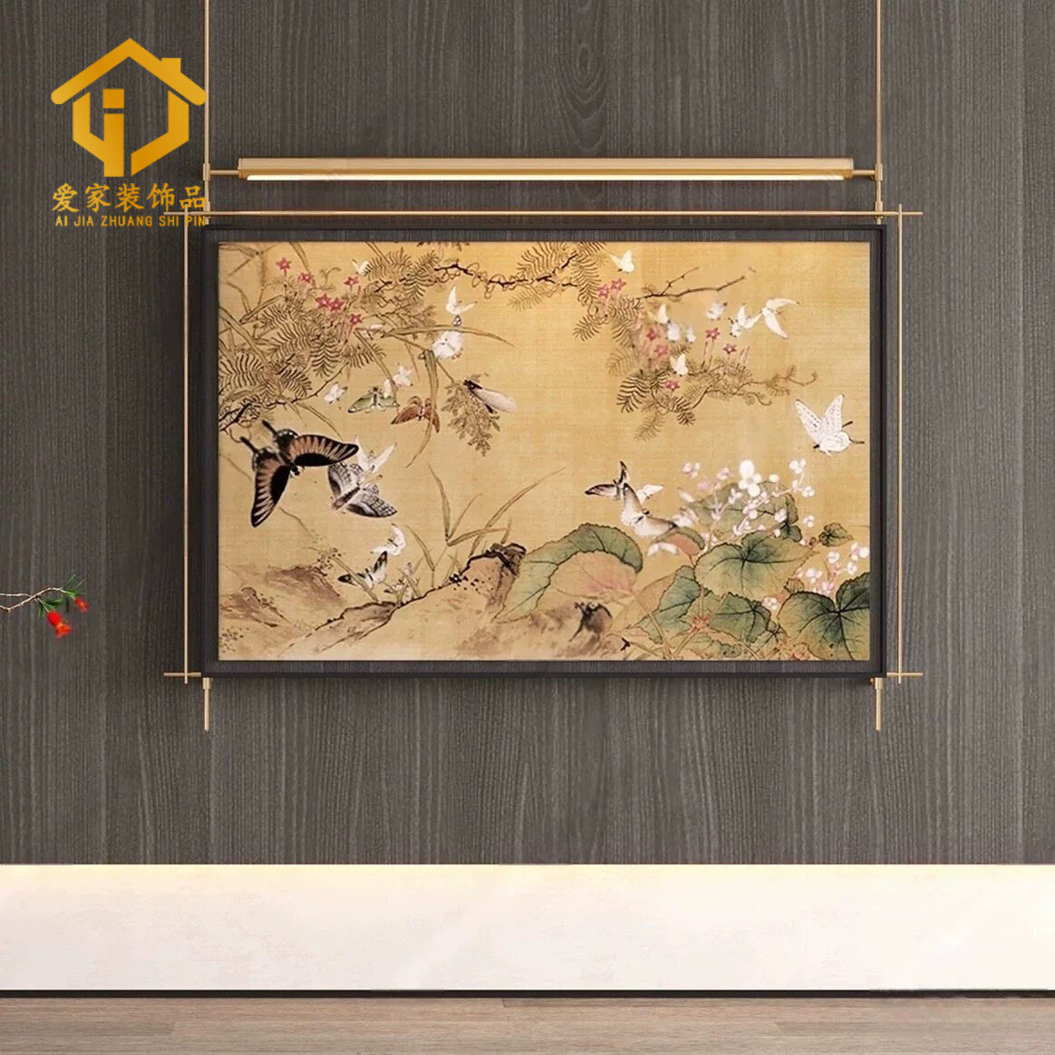 中式复古金属杆发光装饰画挂件客厅玄关茶室墙面铁艺立体带灯挂画