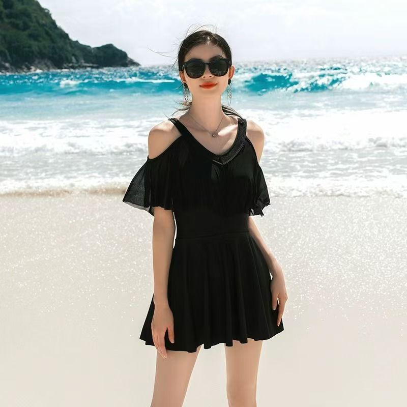 时尚连体泳衣女士裙式平角遮肚保守夏季泡温泉加大码性感吊带泳衣