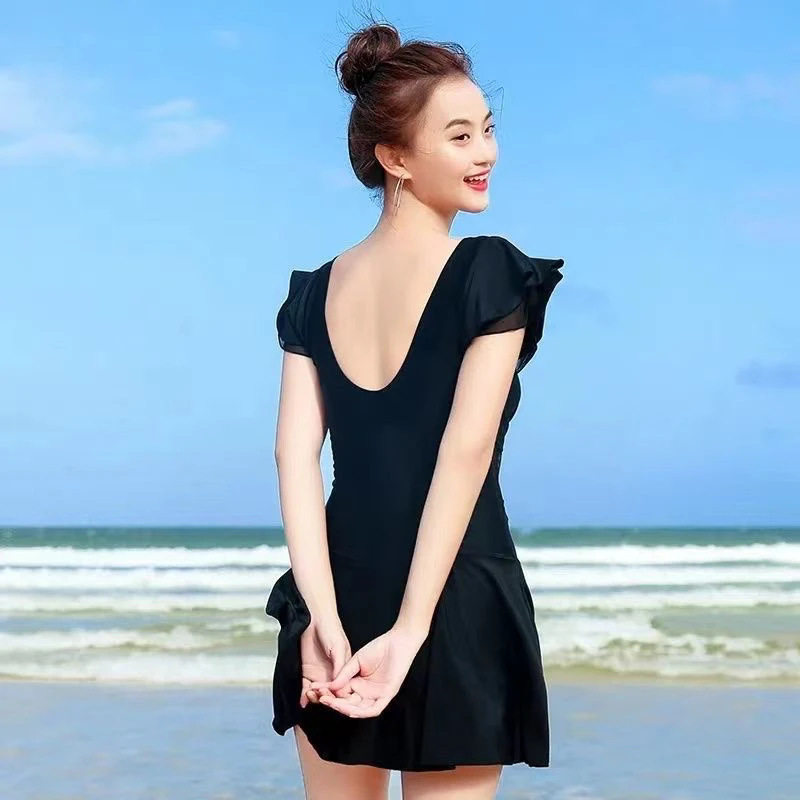 连体平角裙式泳衣女夏季遮肚显瘦温泉游泳保守纯色加大码性感泳衣