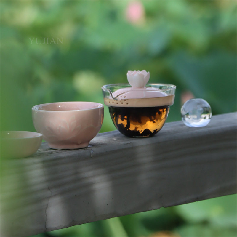 粉色荷快客杯一壶三杯户外露营式旅行茶具套装日式玻璃泡茶碗