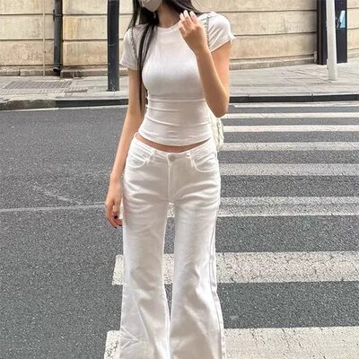 白色微喇阔腿牛仔裤女夏季美式辣妹低腰宽松垂感拖地裤