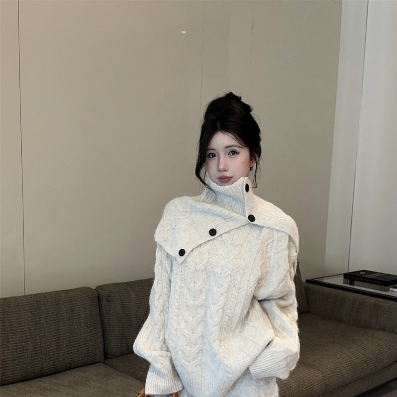 2025爆款 新款慵懒毛衣套装复古麻花针织上衣短裤围巾三件套