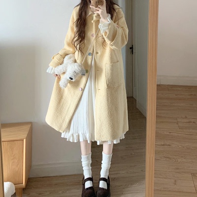 毛呢小个子大衣女冬季新款学院风复古蝴蝶结翻领加厚中长款外套女