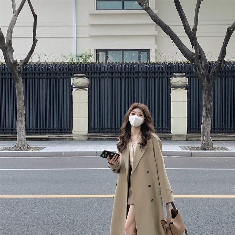 实拍实价#英伦风复古翻领风衣外套女秋季新款收腰中长款大衣女