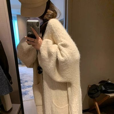 韩系软糯高级感慵懒风中长款针织开衫女秋冬加厚宽松毛衣外套大衣