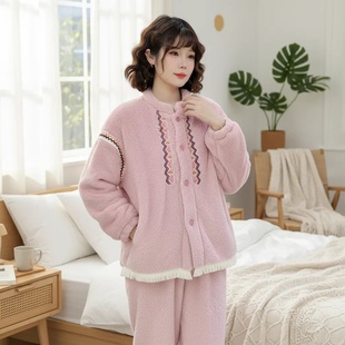 瑜妹妹新款国风刺绣立领-秋冬季加厚加绒保暖女睡衣家居服套装