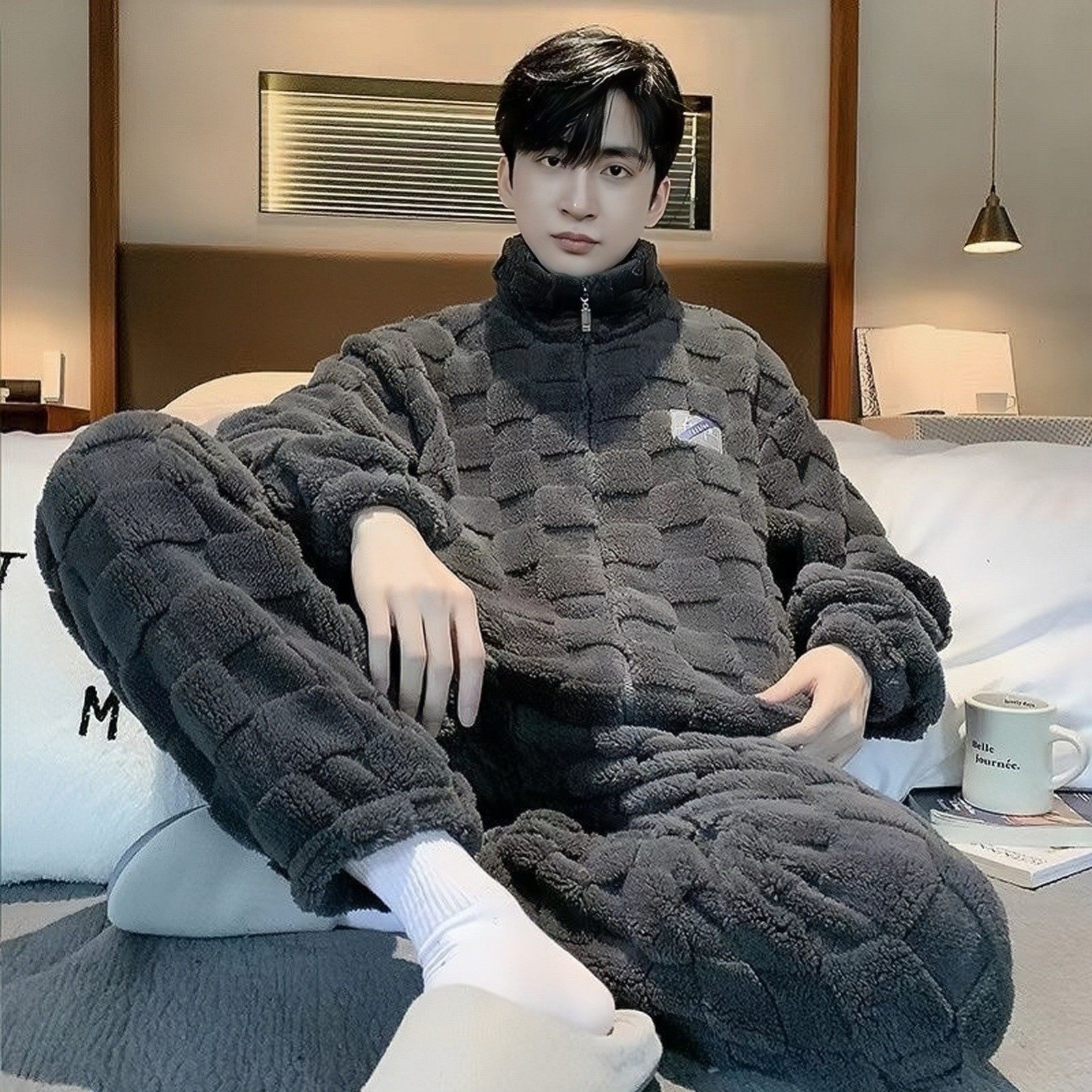 睡衣男冬季珊瑚绒加厚加绒保暖男款秋冬款法兰绒可外穿家居服套装