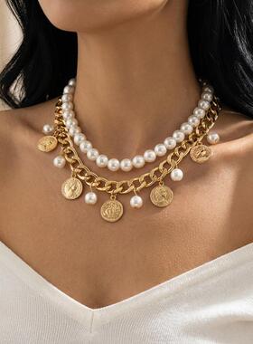 欧美跨境新款双层珍珠人像钱币吊坠项链女 夸张时尚串珠套装项饰
