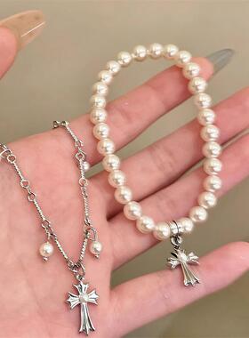 东大门外贸爆款手链精致十字架吊坠珍珠叠戴手链女小众设计感手饰