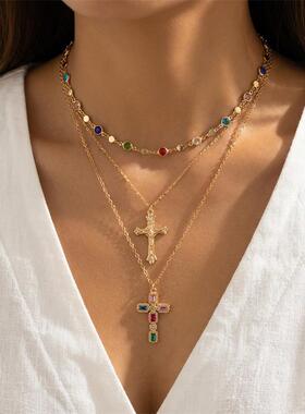 欧美跨境饰品彩色多层叠戴链条项链女ins风镶钻十字架吊坠锁骨链