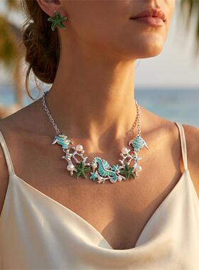 欧美跨境新款海洋风海星贝壳珊瑚项链耳环套装沙滩度假风海星耳环