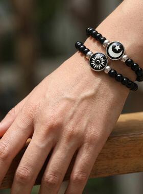 跨境新款夜光日月恋人宝石手链男女通用复古手工多层串珠编织手链