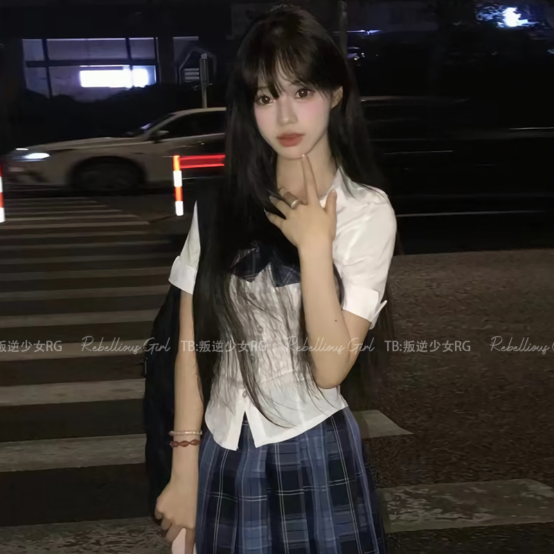 霸凌学姐*性感辣妹jk制服纯欲学院风OL诱惑短袖衬衣格狗短百褶裙