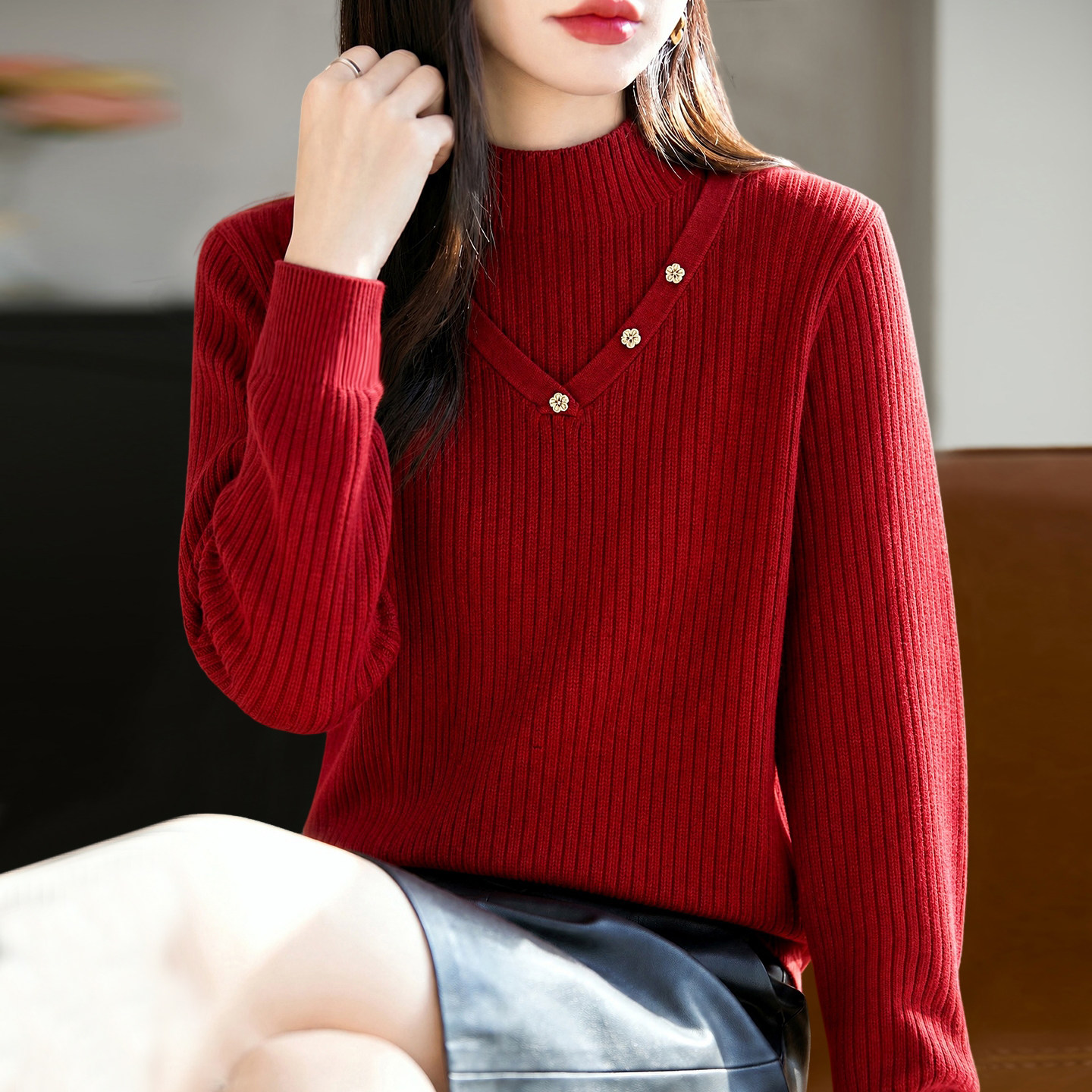 2026新款纯色红色本命年秋季大码针织打底衫女中老年女装上衣毛衣