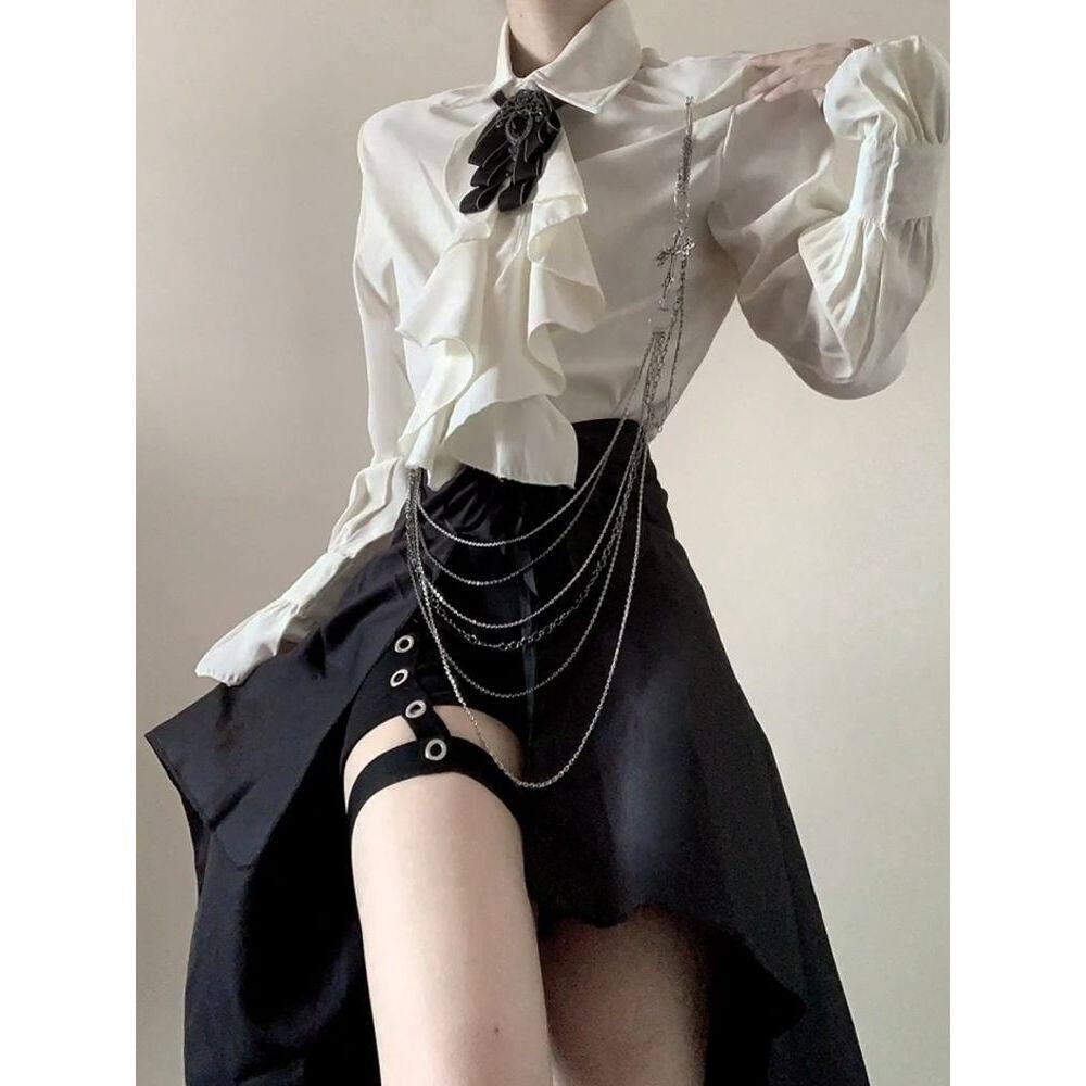 十字夜宴 新款王子系甜酷宫廷风衬衫暗黑系腰封短裤三件套女
