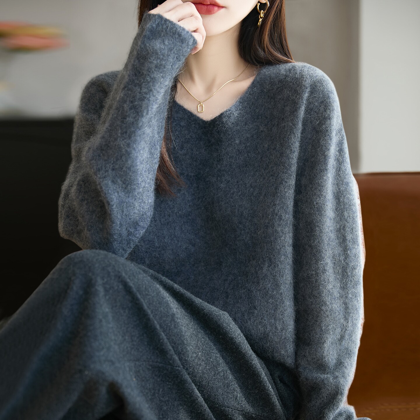 拉夏贝尔100纯羊毛拉毛针织打底衫女洋气大码女装上衣秋冬毛衣