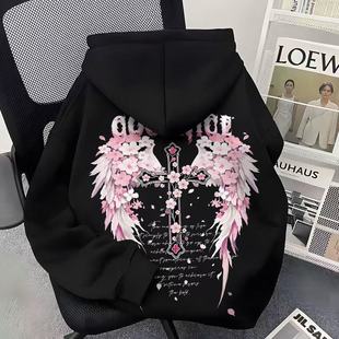 欧美高街潮牌樱花翅膀印花连帽卫衣男女秋冬新款宽松复古街头外套