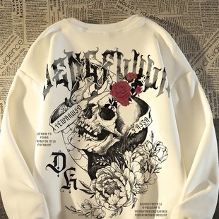 美式 vintage复古骷髅印花卫衣女男秋冬欧美高街头风潮牌上衣外套