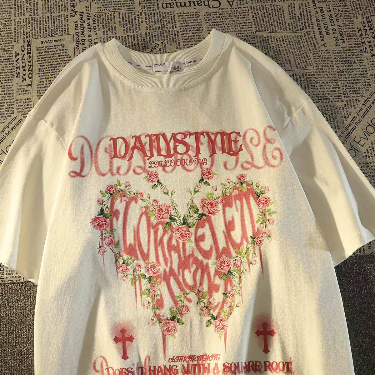 美式复古蝴蝶玫瑰花纯棉短袖t恤宽松街头风男女oversize情侣上衣