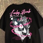 宽松半袖 T恤男ins新款 上衣 复古重磅火焰扑克印花短袖 100%纯棉美式