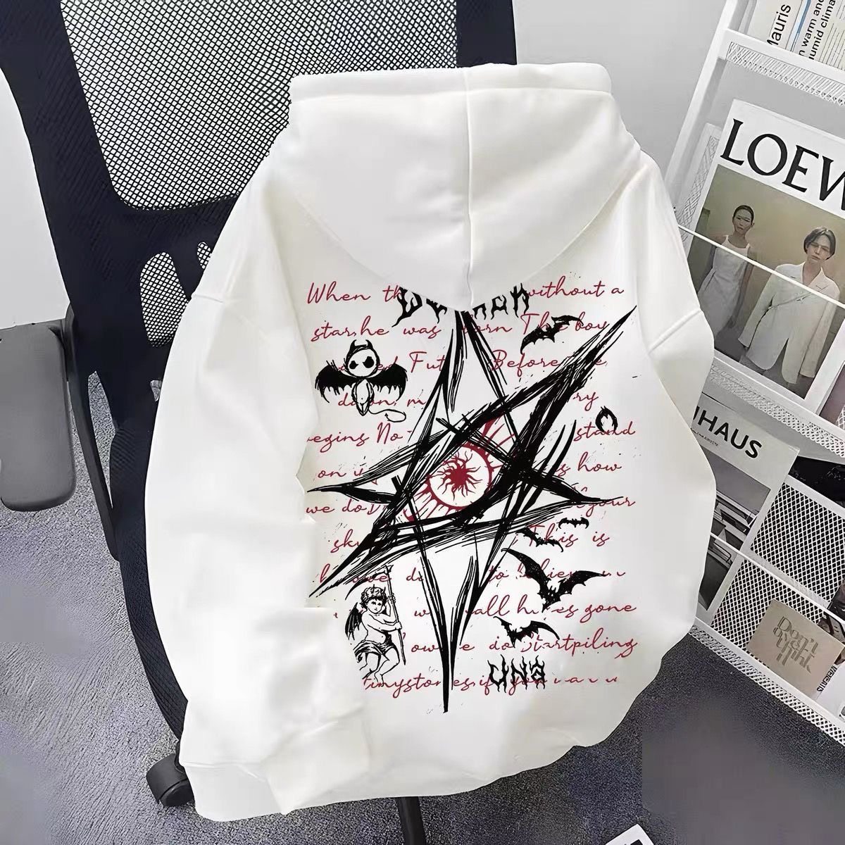 美式街头恶魔眼印花连帽卫衣男女秋冬款潮牌ins宽松高街复古外套