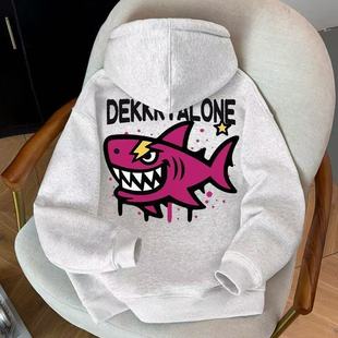 美式 oversize潮牌高街鲨鱼印花卫衣男女秋冬宽松休闲情侣连帽外套