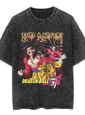 日本经典七龙珠goku卡通动漫oversize高街vintage水洗做旧短袖T恤