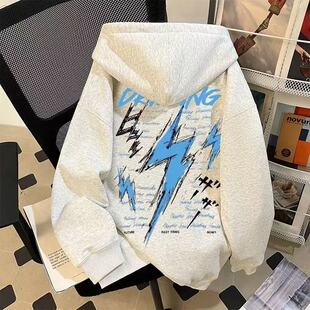 美式复古潮牌闪电字母印花连帽卫衣男女秋冬季宽松加绒加厚外套潮