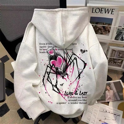 美式复古爱心蜘蛛印花连帽卫衣男