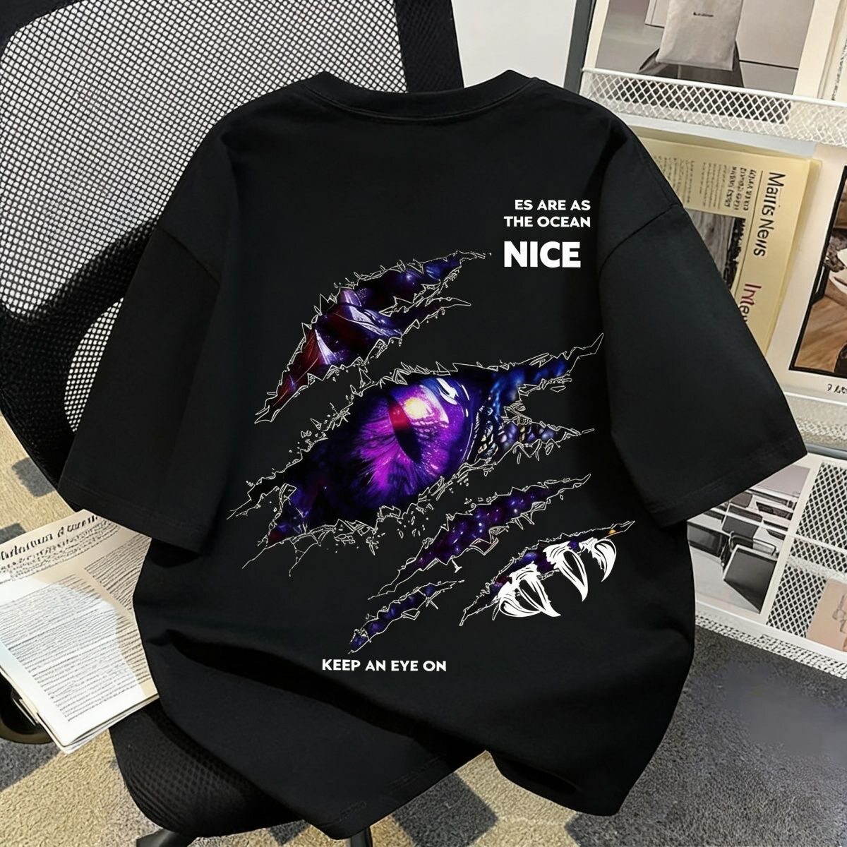 美式高街潮流恶魔之眼印花短袖T恤男女宽松100%纯棉中大童ins上衣