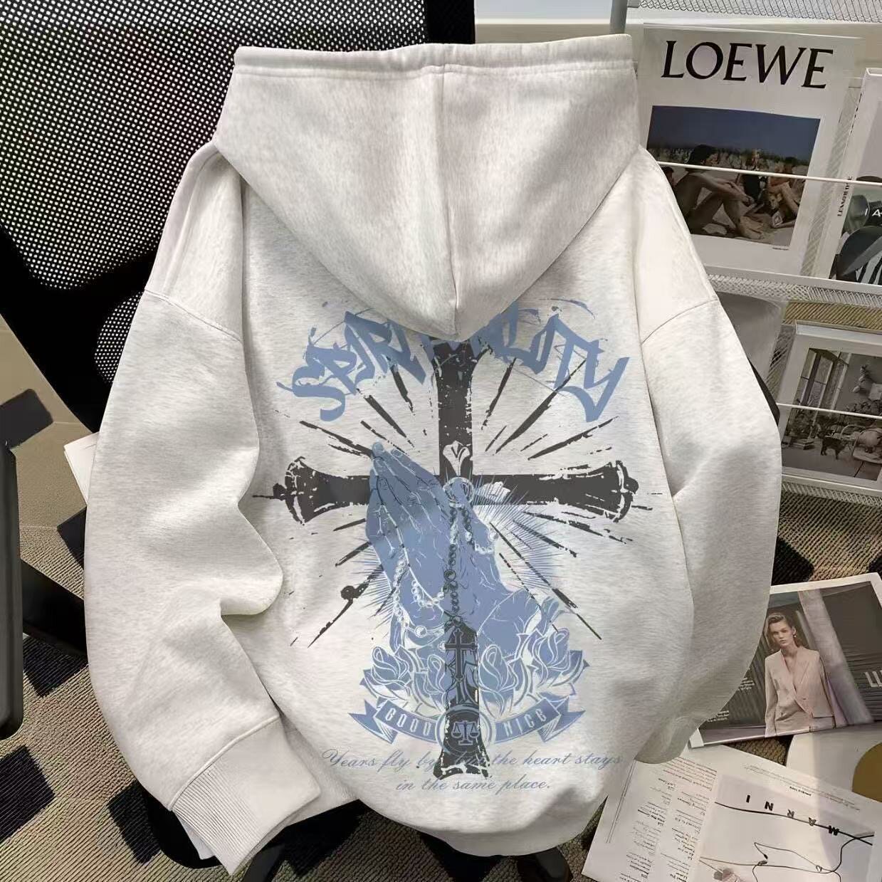 欧美高街十字架印花连帽卫衣宽松