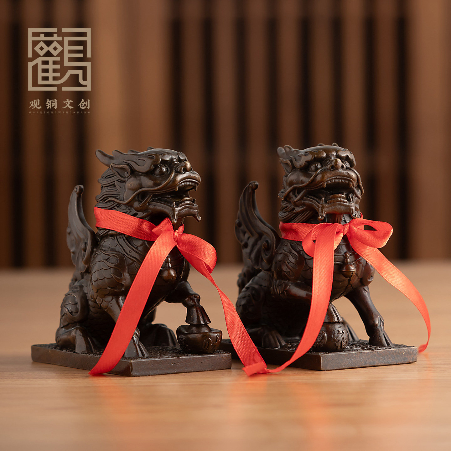 黄铜财富麒麟摆件公母一对家居客厅公司吧台办公室装饰高档礼品