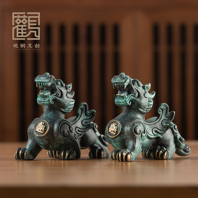 黄铜仿古招财貔貅公母一对摆件