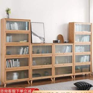 展示储物柜家用收纳组合玻璃门北欧柜子落地书柜 实木带全书架日式
