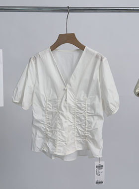 右设/25SS褶皱显瘦V领小衫夏季新款今年流行独特衬衫1XFAM5B9047A