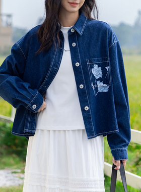 右设/25SS口袋印花薄牛仔短外套女秋季新款宽松翻领百搭上衣5114A